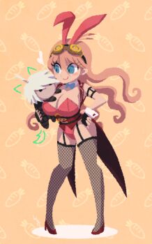 1girl animal_ear_hairband animal_ears blonde_hair blue_eyes blush bow bowtie breasts carrot character_doll commentary_request covered_navel danganronpa_(series) danganronpa_v3:_killing_harmony detached_collar doll fake_animal_ears fake_tail fishnet_pantyhose fishnets full_body goggles hairband hakusoto iruma_miu k1-b0 large_breasts leotard pantyhose playboy_bunny rabbit_ear_hairband rabbit_ears rabbit_tail red_leotard strapless strapless_leotard tail white_wrist_cuffs wrist_cuffs