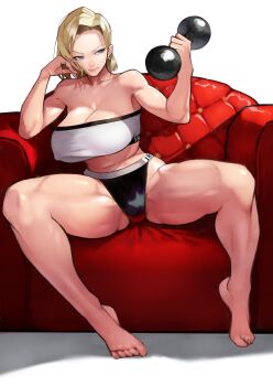 1girl absurdres android_18 black_panties blonde_hair blue_eyes breasts cleavage dragon_ball dragonball_z dumbbell earrings exercising gold_earrings highres jewelry large_breasts leather leather_chair panties red_leather short_hair sitting solo spread_legs strapless thighs toes toned tube_top underwear weightlifting white_background yoshio_(55level)