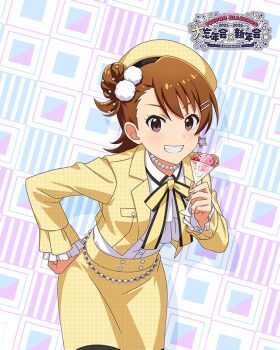 beret bow breast_pocket brown_hair buttons center_frills collared_shirt cowboy_shot cropped_jacket cup earrings food frilled_shirt frilled_sleeves frills futami_ami game_cg grin hair_bun hair_ornament hairclip hat holding holding_cup ice_cream idolmaster idolmaster_(classic) idolmaster_million_live! idolmaster_million_live!_theater_days jacket jewelry long_sleeves medium_skirt necklace official_alternate_costume official_alternate_hairstyle official_art patterned_clothing pearl_necklace pocket shirt shirt_tucked_in short_hair single_earring single_side_bun skirt smile star_(symbol) star_earrings swept_bangs teeth third-party_source waffle white_shirt wing_collar yellow_bow yellow_hat yellow_jacket yellow_skirt
