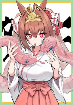animal_ears antenna_hair breasts brown_hair daiwa_scarlet_(umamusume) hair_between_eyes hair_intakes hakama highres horse_ears horse_girl i_am_shakenoko japanese_clothes kosode large_breasts long_hair long_sleeves looking_at_viewer miko monster_girl red_eyes red_hakama red_scales slit_pupils snake snake_girl tongue tongue_out twintails umamusume white_background wide_sleeves