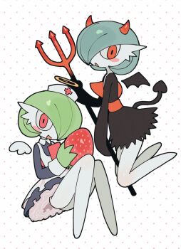 angel_and_devil angel_wings aqua_hair batrobin_k black_dress blush_stickers demon_horns demon_tail demon_wings dress food fruit full_body gardevoir gen_3_pokemon green_hair halo hat highres holding holding_polearm holding_weapon horns long_sleeves looking_at_viewer nintendo no_humans nurse nurse_cap pokemon pokemon_(creature) pokemon_focus polearm polka_dot polka_dot_background red_eyes short_hair smile strawberry tail traditional_halo trident weapon white_background wings
