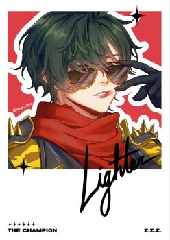 1boy adjusting_eyewear black_gloves black_jacket border character_name commentary copyright_name english_commentary english_text gloves green_hair hair_over_one_eye haryu_chee jacket lighter_(zenless_zone_zero) lipstick lipstick_mark lipstick_mark_on_face lipstick_mark_on_neck looking_at_viewer looking_over_eyewear makeup male_focus outline parted_lips portrait red_background red_scarf scarf short_hair shoulder_spikes smeared_lipstick solo spiked_jacket spikes sunglasses twitter_username white_border white_outline yellow-framed_eyewear zenless_zone_zero