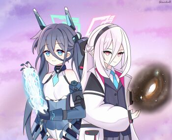 absurdres aqua_halo aris_(armed)_(blue_archive) aris_(blue_archive) aurelia88 blue_archive blue_necktie electricity galaxy halo highres jacket kei_(blue_archive) kei_(new_body)_(blue_archive) mecha_musume mechanical_wings meme multicolored_jacket necktie nikola_tesla_and_albert_einstein_(meme) pink_halo rectangular_halo two-tone_jacket white_hair white_jacket wings