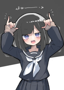 Rule 34 | absurdres, black skirt, blush, bob cut, brown hair, colored skin, fake horns, fang, fukutchi, highres, horns, kouhai-chan (fukutchi), necktie, open mouth, original, pleated skirt, purple eyes, school uniform, serafuku, simple background, skirt, white necktie, white skin