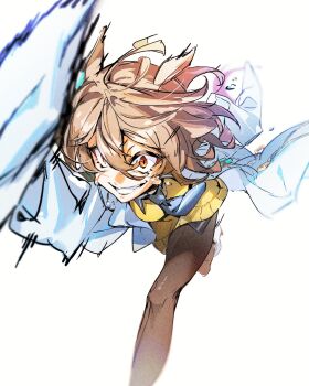 1girl agnes_tachyon_(tach-nology)_(umamusume) agnes_tachyon_(umamusume) ahoge animal_ears black_necktie black_pantyhose brown_hair coat collared_shirt crazy_eyes daniel_deng grin hair_between_eyes highres horse_ears horse_girl huge_ahoge lab_coat layered_clothes looking_ahead motion_blur motion_lines necktie open_clothes open_coat pantyhose red_eyes running shirt sleeves_past_fingers sleeves_past_wrists smile solo sweater sweater_vest tears test_tube umamusume white_background wide-eyed wolf_cut yellow_sweater yellow_sweater_vest