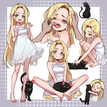 1girl 1other :d absurdres barefoot black_cat blonde_hair blue_eyes cat chibi chibi_inset chinese_commentary commentary_request diana_(pragmata) disembodied_hand dress duan_ssa fang forehead highres knees_apart_feet_together looking_at_viewer multiple_views open_mouth pragmata skin_fang smile squatting standing sundress white_dress