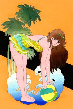 Rule 34 | 1girl, asaoka natsumi, ball, bare arms, bare shoulders, barefoot, beachball, bent over, breasts, brown eyes, brown hair, commentary request, dress, frilled dress, frills, from side, full body, green ribbon, hair ribbon, highres, long hair, looking at viewer, looking to the side, medium breasts, microdress, miura mitsuru, official art, open hands, open mouth, outstretched arms, palm tree, reaching, ribbon, sleeveless, sleeveless dress, smile, solo, swimsuit, the kabocha wine, thighs, tree, waves, yellow dress, yellow ribbon