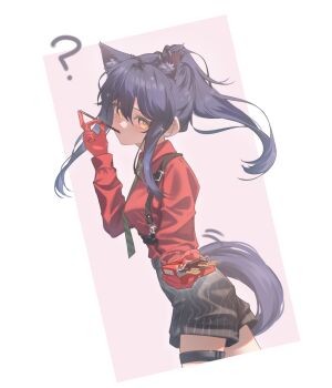 1girl ? animal_ear_fluff animal_ear_piercing animal_ears arknights black_shorts collared_shirt commentary cropped_legs diagonal-striped_clothes diagonal-striped_necktie floating_hair food food_in_mouth glint gloves green_necktie hair_between_eyes highres holding holding_food incoming_food long_hair long_sleeves looking_at_viewer memoriaev necktie official_alternate_costume pocky pocky_in_mouth purple_hair purple_tail red_gloves red_shirt shirt short_shorts shorts sidelocks solo sparkle standing striped_clothes striped_shorts tail texas_(arknights) texas_(willpower)_(arknights) thigh_strap vertical-striped_clothes vertical-striped_shorts wolf_ears wolf_girl wolf_tail yellow_eyes