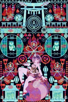 1girl absurdres animal_ears bare_legs black_hair boku_(isizakitakasi) breasts bright_pupils brown_dress cleavage daruma_doll dress egasumi futatsuiwa_mamizou glasses highres holding holding_smoking_pipe leaf leaf_on_head looking_at_viewer mitsudomoe_(shape) purple_eyes raccoon_ears raccoon_tail red_nails rope sandals sleeveless smoking_pipe tail tomoe_(symbol) torii touhou white_pupils