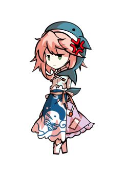 1girl anger_vein animal_print apron arms_behind_back blue_apron boots chibi chibi_only closed_mouth collared_shirt commentary_request dairi fish_print frilled_skirt frills full_body green_eyes large_variant_set long_sleeves ofuda ofuda_on_clothes okunoda_miyoi pink_hair pink_skirt print_apron shirt short_hair sidelocks simple_background skirt solo standing tachi-e touhou transparent_background variant_set waist_apron whale_hat whale_print white_boots white_shirt