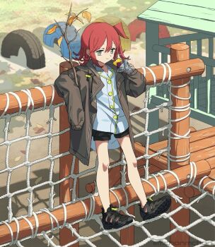 1girl artist_name black_shoes black_shorts blurry blurry_background branch brown_jacket closed_mouth commentary day eating elbow_rest food full_body green_eyes hand_up holding holding_branch holding_food jacket jungle_gym looking_at_viewer mechnmechn one_side_up original outdoors oversized_jacket playground red_hair rope shirt shoes shorts side_ponytail sidelocks sleeves_past_wrists solo sweet_potato unused_tire watermark white_shirt