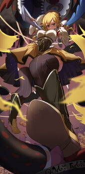 absurdres blonde_hair blush boots breasts charlotte_(madoka_magica) commentary_request corset drill_hair gun hair_between_eyes highres knee_boots kootee-on large_breasts looking_down madoka_runes magical_girl magical_musket_(madoka_magica) mahou_shoujo_madoka_magica over_shoulder short_hair skirt thighhighs thighs tomoe_mami upskirt weapon weapon_over_shoulder witch_(madoka_magica) yellow_eyes