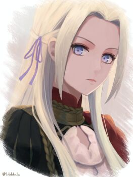 1girl cape edelgard_von_hresvelg fire_emblem fire_emblem:_three_houses garreg_mach_monastery_uniform hair_ribbon highres labebebe_lee long_hair looking_at_viewer nintendo purple_eyes purple_ribbon red_cape ribbon side_cape solo white_hair
