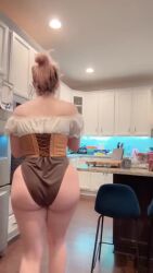 1girl adapted_costume adjusting_hair animated ass back bare_legs barefoot breasts ciri ciri_(cosplay) cosplay curvy highleg highleg_leotard highres huge_ass indoors jiggle kitchen leotard looking_to_the_side makeup mascara musclemommycosplay outdoors photo_(medium) real_life skindentation smile solo sound standing tagme the_witcher_(series) the_witcher_3:_wild_hunt thighs thong_leotard video walking wide_hips