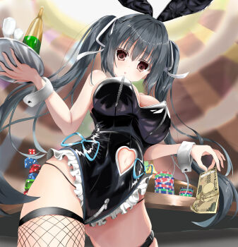 1girl :o absurdres alcohol alternate_costume animal_ears asymmetrical_legwear banknote bare_shoulders black_hair black_leotard blue_ribbon blurry blurry_background blush breasts cleavage clothing_cutout colored_eyelashes commentary cowboy_shot cup dice drinking_glass eyelashes eyes_visible_through_hair fake_animal_ears fishnet_thighhighs fishnets frilled_leotard frills from_below gluteal_fold hair_between_eyes hair_intakes hair_ribbon hands_up heart_cutout highleg highleg_leotard highres holding holding_money holding_tray honma_misuzu indoors large_breasts leotard long_hair looking_at_viewer looking_down mismatched_legwear money navel navel_cutout open_mouth poker_chip rabbit_ears red_eyes ribbon sakura_no_toki sakura_no_uta sidelocks single_thighhigh solo strapless strapless_leotard thigh_strap thighhighs thighs tray twintails user_gesz2338 very_long_hair white_ribbon white_wrist_cuffs wine wine_glass wrist_cuffs zipper zipper_leotard