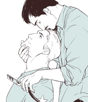Rule 34 | 2boys, 5mll3, captain america (series), closed eyes, collared shirt, commentary, crew neck, english commentary, facial hair, from side, hand on another's chin, head back, holding, holding razor, iron man (series), kiss, kissing forehead, looking at another, looking up, male focus, marvel, multiple boys, razor, shirt, short hair, short sideburns, simple background, sleeves rolled up, steve rogers, straight razor, tony stark, white background, wing collar, yaoi