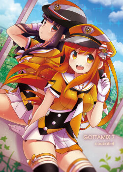 2girls beatmania_iidx beatmania_iidx_23_copula bemani black_hair bow commentary_request gloves hat highres hinazuki_ririna holding long_hair looking_at_viewer multiple_girls official_alternate_costume orange_eyes orange_hair orange_hat orange_shirt outdoors plant red_eyes sailor_collar sally_(pacch0614) shirt sitting skirt sky thighhighs umegiri_iroha white_gloves white_skirt zettai_ryouiki