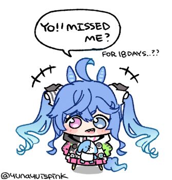 +++ 1girl ahoge animal_ears blue_eyes blue_hair blush_stickers bow chibi chibi_only crossed_bangs english_text hair_bow heterochromia hood hoodie horse_ears horse_girl horse_tail long_hair looking_at_viewer multicolored_hoodie open_mouth purple_eyes sharp_teeth sidelocks simple_background solo speech_bubble straight-on striped_bow stuffed_animal stuffed_rabbit stuffed_toy tail teeth twin_turbo_(umamusume) twintails twitter_username umamusume upper_teeth_only very_long_hair white_background yunayuispink