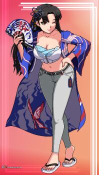 absurdres blue_coat breasts brown_hair cleavage coat collarbone denin eyelashes fatal_fury foxanderart full_body grey_pants hand_fan highres holding holding_fan large_breasts official_alternate_costume one_eye_closed pants pink_background pink_lips pixel_art shiranui_mai standing street_fighter street_fighter_6 vest white_vest