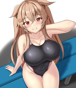 Rule 34 | 1girl, bench, black one-piece swimsuit, blush, breasts, brown eyes, brown hair, chair, cleavage, collarbone, commentary request, competition swimsuit, covered navel, cowboy shot, hair between eyes, hair flaps, hair ornament, hair ribbon, hairclip, heterochromia, highres, kantai collection, large breasts, long hair, looking at viewer, montemasa, murasame (kancolle), murasame kai ni (kancolle), on bench, one-piece swimsuit, red eyes, ribbon, sitting, smile, solo, swimsuit, two-tone swimsuit, two side up, wooden bench
