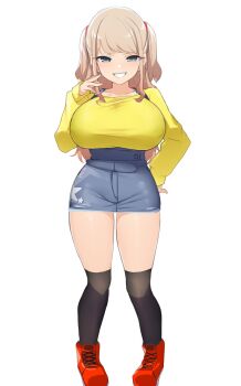 >:) 1girl bebebe_(pepegakii) black_thighhighs breasts full_body green_eyes grin hand_on_own_hip high-waist_skirt highres huge_breasts kousaka_airi_(bebebe) long_hair mesugaki miniskirt multiple_girls oppai_loli original platinum_blonde_hair red_footwear shirt shortstack simple_background skirt smile smug solo suspenders taut_clothes thick_thighs thighhighs thighs twintails underbust v-shaped_eyebrows white_background yellow_shirt