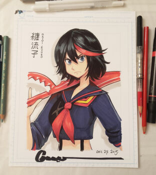 Rule 34 | 1girl, black hair, blue eyes, blue shirt, breasts, character name, closed mouth, colored pencil (medium), commentary, dated, drop shadow, english commentary, frown, hair between eyes, highres, holding, holding sword, holding weapon, kill la kill, light blush, looking at viewer, matoi ryuuko, medium hair, midriff, multicolored hair, neckerchief, omar dogan, over shoulder, photo (medium), photoshop (medium), red neckerchief, red streaks, sailor collar, sailor shirt, scissor blade (kill la kill), senketsu, shirt, signature, small breasts, solo, streaked hair, suspenders, sword, sword over shoulder, tomboy, traditional media, upper body, weapon, weapon over shoulder, white background