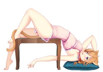 1girl absurdres animal_ears animal_print bare_shoulders barefoot belly blush braid breasts cat_ears cat_girl cat_panties cat_print choker collar commission commissioner_upload covered_erect_nipples facepaint facial_mark fang fire_emblem fire_emblem:_path_of_radiance fire_emblem:_radiant_dawn frills highres large_variant_set looking_at_viewer lying lyre_(fire_emblem) medium_breasts messy_hair nabunabu navel nightgown nintendo nipples no_bra open_mouth orange_hair orange_tail panties pillow pink_choker pink_collar pink_nightgown pink_panties print_panties purple_eyes see-through_clothes solo stomach thick_thighs thighs underwear variant_set whisker_markings white_background