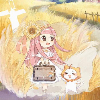 >_< 1girl ahoge animal ankle_bow ankle_ribbon artist_request bare_arms blunt_bangs bow bowtie brown_eyes brown_hat cat chibi chinese_commentary choker cloak clothed_animal commentary_request day double-parted_bangs dress ear_covers fence flower frilled_choker frills hat hat_flower holding_suit hood hood_up hooded_cloak light_blush long_dress long_hair looking_to_the_side miracle_nikki momo_(nikki) nikki_(nikki) nikki_(series) off-shoulder_dress off_shoulder official_art open_mouth orange_bow orange_bowtie outdoors path pink_hair pleated_dress pleated_sleeves ribbon road second-party_source shadow shoes short_sleeves smile straw_hat sun_hat sunflower tareme town traditional_bowtie very_long_hair walking wheat_field whiskers white_bow white_cat white_dress white_shoes windmill yellow_bow yellow_bowtie yellow_choker yellow_cloak yellow_flower