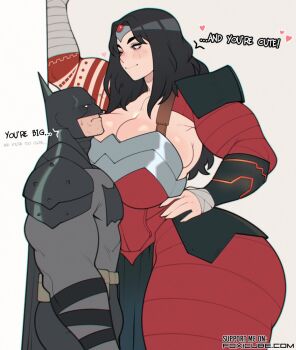 1boy 1girl absolute_batman absolute_dc absolute_wonder_woman armor ass bat_mask batman breasts commentary dc_comics english_commentary foxicube huge_ass large_breasts muscular muscular_female muscular_male red_tattoo size_difference superhero_costume tall_female tattoo tattoo_sleeve thick_thighs thighs wide_hips wonder_woman