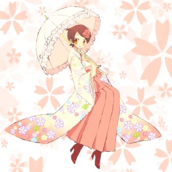 Rule 34 | 1girl, black hair, boots, cherry blossom print, commentary request, floral print, floral print kimono, flower, full body, furisode, fuura kafuka, hair flower, hair ornament, hakama, high heels, holding, holding umbrella, japanese clothes, jru (xx201), kimono, lace, lace-trimmed kimono, lace trim, looking at viewer, orange eyes, parasol, pink flower, pink hakama, pink rose, print kimono, rose, sayonara zetsubou sensei, short hair, smile, solo, umbrella, white background