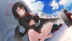 1girl angel_wings animated barefoot black_hair black_shirt black_skirt black_wings blue_archive blue_sky breasts clothes_lift cloud day dutch_angle feet from_below game_cg halo highres hot indian_style legs lifting_own_clothes live2d looking_at_viewer mashiro_(blue_archive) medium_breasts midriff_peek official_art pink_eyes red_ribbon ribbon screencap shirt shirt_lift shoes short_hair sitting skirt sky sweat sweatdrop tagme thighs unworn_shoes video wings