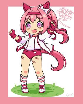 absurdres animal_ears bandaid bandaid_on_leg bow buruma ear_bow ear_covers flower-shaped_pupils flower_in_eye garloo gloves gym_uniform haru_urara_(bestest_prize)_(umamusume) haru_urara_(umamusume) headband highres horse_ears horse_girl horse_tail pink_buruma pink_headband red_buruma red_gloves red_headband socks striped_clothes striped_socks symbol-shaped_pupils symbol_in_eye tail umamusume