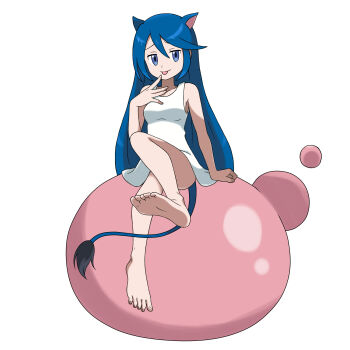 1girl absurdres alternate_costume animal_ears asatsuki_(fgfff) bare_legs barefoot blob blue_hair doremy_sweet dress full_body highres long_hair no_headwear simple_background sitting solo tail tapir_ears tapir_tail touhou very_long_hair white_background white_dress