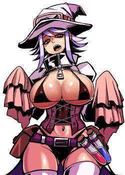 1girl absurdres belt bikini black_bikini breasts breasts_out cleavage corset female_focus ga320aaa gluteal_fold hat highres jacket large_breasts long_hair long_sleeves looking_at_viewer mole mole_under_eye navel open_mouth original potion pouch puffy_sleeves purple_hair red_eyes simple_background sleeves_past_wrists slit_pupils solo swimsuit teeth thighhighs turtleneck white_background white_thighhighs witch witch_hat zipper