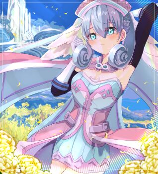 1girl absurdres arm_up armpits blue_eyes closed_mouth dress flower grey_hair hair_between_eyes head_wings highres holding holding_staff looking_at_viewer melia_antiqua smile solo staff wings xenoblade_chronicles_(series) xenoblade_chronicles_1 zer00han