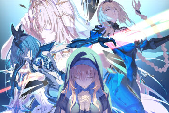 Rule 34 | bianca: crepuscule (pgr), bianca: veritas (pgr), bianca (pgr), braid, breasts, cleavage, closed eyes, commentary request, gold tiara, gradient background, guratan, hair between eyes, highres, large breasts, long hair, mechanical arms, mole, mole under eye, multiple girls, nun headdress, own hands together, praying, punishing: gray raven, see-through clothes, see-through veil, simple background, single braid, tiara, veil, very long hair