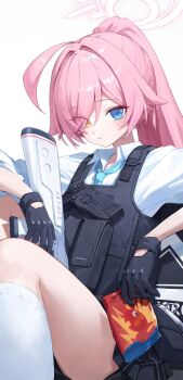 1girl ahoge ballistic_shield beretta_1301 beretta_92 black_gloves black_skirt blue_archive blue_eyes blue_necktie breasts bulletproof_vest candy closed_mouth eating food food_packaging gloves gummy_bear gun hair_between_eyes halo handgun heterochromia high_ponytail highres holding holding_food holding_gun holding_weapon hoshino_(armed)_(blue_archive) hoshino_(blue_archive) kakutasu long_hair long_sleeves looking_at_viewer miniskirt necktie official_alternate_costume official_alternate_hairstyle pink_hair pink_halo pleated_skirt ponytail school_uniform shield shirt shotgun simple_background sitting skirt small_breasts socks tactical_school_uniform thighs very_long_hair vest weapon white_shirt white_socks yellow_eyes