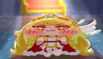 Rule 34 | 1girl, :3, backlighting, blonde hair, blurry, blurry background, blush, braid, cape, chibi, chibi only, chromatic aberration, closed mouth, commentary, cross-shaped pupils, detached sleeves, detached wings, dress, english commentary, erpin (trickcal), full body, fur-trimmed cape, fur trim, garter straps, gold tiara, highres, long hair, looking at viewer, meme, red cape, red eyes, smile, sol3ssus, solo, straight-on, symbol-shaped pupils, thighhighs, throne, trickcal, very long hair, walking, walking towards viewer, white dress, white sleeves, white thighhighs, white wings, wide face, wide putin walking (meme), wings