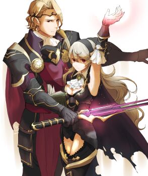 1boy 1girl arm_up armor armored_leotard armpits ascot black_armor black_cape black_hairband black_legwear black_leotard blonde_hair breasts cape circlet cleavage closed_mouth female_corrin_(fire_emblem) female_corrin_(nohr_noble)_(fire_emblem) curly_hair energy faulds fire_emblem fire_emblem_fates grey_hair hair_between_eyes hairband holding holding_sword holding_weapon leotard long_hair medium_breasts nintendo red_cape red_eyes robaco short_hair shoulder_armor standing sword torn_cape torn_clothes very_long_hair weapon white_ascot white_background xander_(fire_emblem)