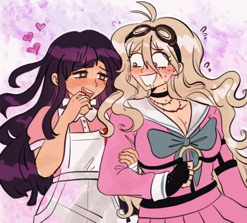 2girls alt_text antenna_hair apron black_choker black_gloves blonde_hair blue_bow blush bow breasts bright_pupils brown_eyes choker cleavage collared_shirt commentary danganronpa_(series) danganronpa_2:_goodbye_despair danganronpa_v3:_killing_harmony drooling english_commentary eyelashes fingerless_gloves fingernails flying_sweatdrops gloves goggles goggles_on_head hand_on_another&#039;s_arm heart heart-shaped_pupils iruma_miu long_hair long_sleeves ministarfruit mole mole_under_eye mouth_drool multiple_girls nose_blush open_mouth pink_serafuku pink_shirt pink_skirt purple_hair sailor_collar school_uniform serafuku shirt short_sleeves skirt smile sweat symbol-shaped_pupils teeth tsumiki_mikan upper_body upper_teeth_only white_apron white_pupils white_sailor_collar yuri