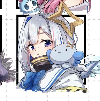 Rule 34 | 1girl, amane kanata, amane kanata (1st costume), angel, angel wings, black dress, blue hair, chattino (raora panthera), commentary request, dress, grey hair, hair intakes, halo, highres, hololive, jacket, looking at viewer, multicolored hair, open mouth, pink streaks, solo, star halo, streaked hair, turtleneck, turtleneck dress, u da desu, upao (amane kanata), virtual youtuber, white jacket, wings