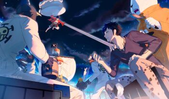 arm_tattoo bear_boy bepo_(one_piece) black_hair black_shirt black_sky brown_pants character_request chest_tattoo cloud cloudy_sky coat cup elasticity fingernails fish_(food) furry furry_male grey_pants holding holding_cup holding_tray jacket jolly_roger male_focus monkey_d._luffy mug one_piece orange_coat outdoors pants penguin_(one_piece) pirate_ship rami_rz red_jacket shachi_(one_piece) shirt sky straw_hats_jolly_roger tattoo thousand_sunny trafalgar_law tray white_jacket