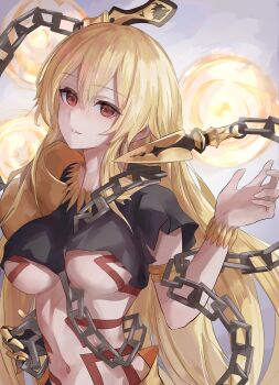 Rule 34 | 1girl, absurdres, armlet, black shirt, blonde hair, blush, body markings, bracelet, breasts, chain, commentary request, cropped shirt, enkidu (weapon) (fate), fate/grand order, fate (series), gate of babylon (fate), genderswap, genderswap (mtf), gilgamesh (fate), highres, jewelry, large breasts, long hair, looking at viewer, navel, necklace, red eyes, shirt, short sleeves, solo, underboob, zasyuu 11