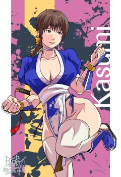 1girl braid breasts brown_eyes brown_hair character_name cleavage dead_or_alive highres kasumi_(doa) large_breasts long_hair mimiyama_kiichi ninja pelvic_curtain short_sleeves standing standing_on_one_leg sword thighhighs weapon wide_hips