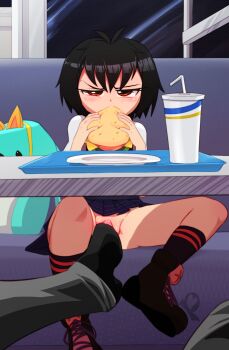 1boy 1girl backpack bag black_hair blush brown_eyes burger couch cup drink drinking_straw eating embarrassed female_footjob food highres holding holding_food indoors leg_up loli looking_at_viewer marvel mrploxykun night no_panties peni_parker plaid_clothes plaid_skirt plate pleated_skirt pussy school_uniform shirt shoes sitting skirt socks solo_focus spider-man:_into_the_spider-verse spider-man_(series) spider-verse stealth_sex table tray under_table unworn_backpack unworn_bag window