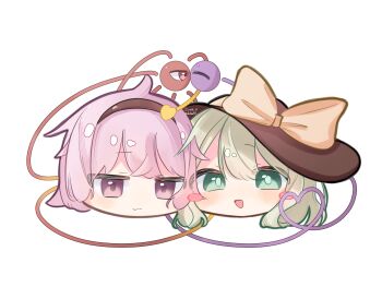 2girls black_hat bow commentary green_eyes green_hair hat hat_bow highres komeiji_koishi komeiji_satori looking_at_viewer meme multiple_girls open_mouth pink_eyes pink_hair signature simple_background third_eye touhou tumadeshi white_background yellow_bow yukkuri_shiteitte_ne