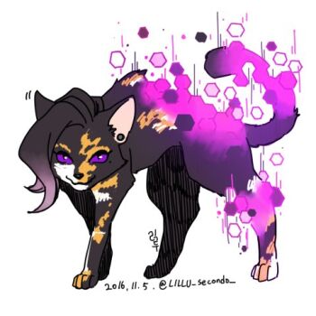 1girl animal_ears animal_focus animalization asymmetrical_hair bad_id bad_twitter_id cat cat_ears cat_tail colored_sclera commentary_request dated earrings female_focus flat_color full_body hexagon jewelry lillu looking_at_viewer lowres mole mole_under_eye multicolored_hair overwatch overwatch_1 purple_sclera simple_background solo sombra_(overwatch) stealth tail white_background