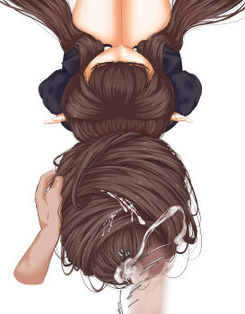 1girl absurdres bare_legs bebekp brown_hair closed_eyes cum cum_on_hair cum_string disembodied_hand disembodied_penis ejaculation fate/apocrypha fate_(series) from_above grabbing_another&#039;s_hair hair_bun hair_flowing_over hair_focus hairjob highres holding_another&#039;s_hair jacket long_hair penis pointy_ears pull_out semiramis_(fate) simple_background single_hair_bun sitting suit_jacket very_long_hair white_background