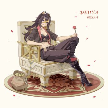 1girl 2022 absurdres breasts bu_zhengjing_de_xiao_xingxing character_name cleavage coin dated dehya_(genshin_impact) flower full_body genshin_impact gold_coin highres holding holding_flower money_bag red_nails rose sitting solo white_background