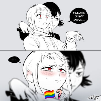 ... 2girls black_hair black_jacket blade_to_throat blush chainsaw_man english_text hair_ornament hairclip higashiyama_kobeni highres holding holding_knife hood hoodie jacket kitchen_knife knife meme multicolored_hair multiple_girls pride_flag_question_mark_(meme) rainbow_flag red_eyes sawatari_akane_(chainsaw_man) speech_bubble sweatdrop sytokun two-tone_hair